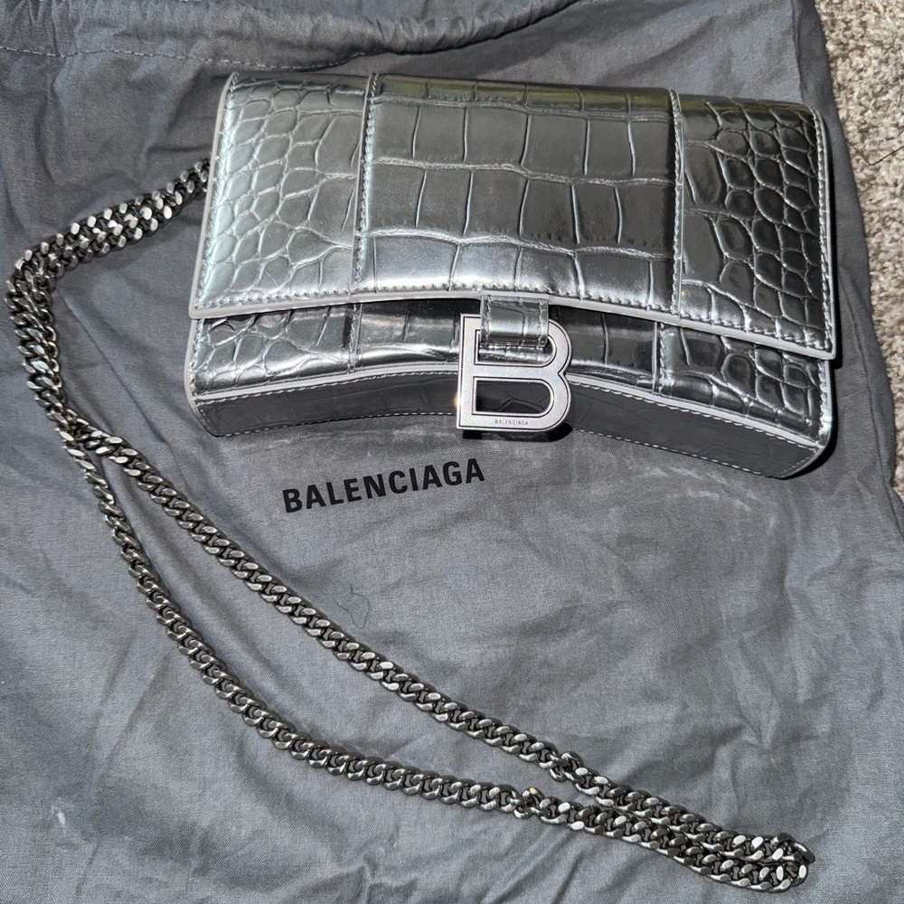 Balenciaga Silver Croc-Embossed Chain Bag
